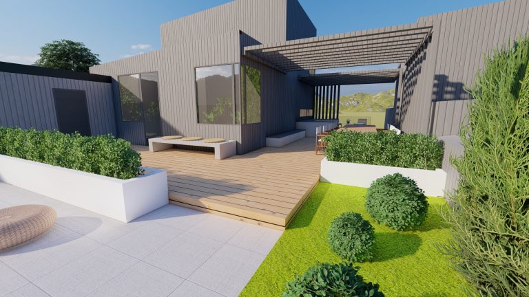 Natalia Lindberg - Trädgårdsdesign - koncept modernt hus med pool